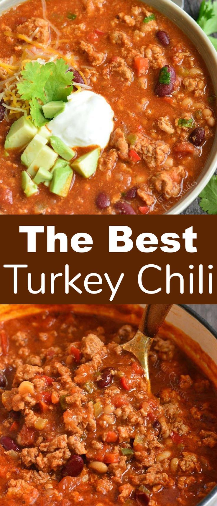 turkey chili recipe in a bowl with sour cream and cilantro garnish