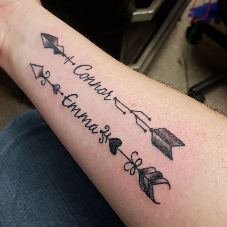 a person with a tattoo on their arm that says canon and the other letters are arrows