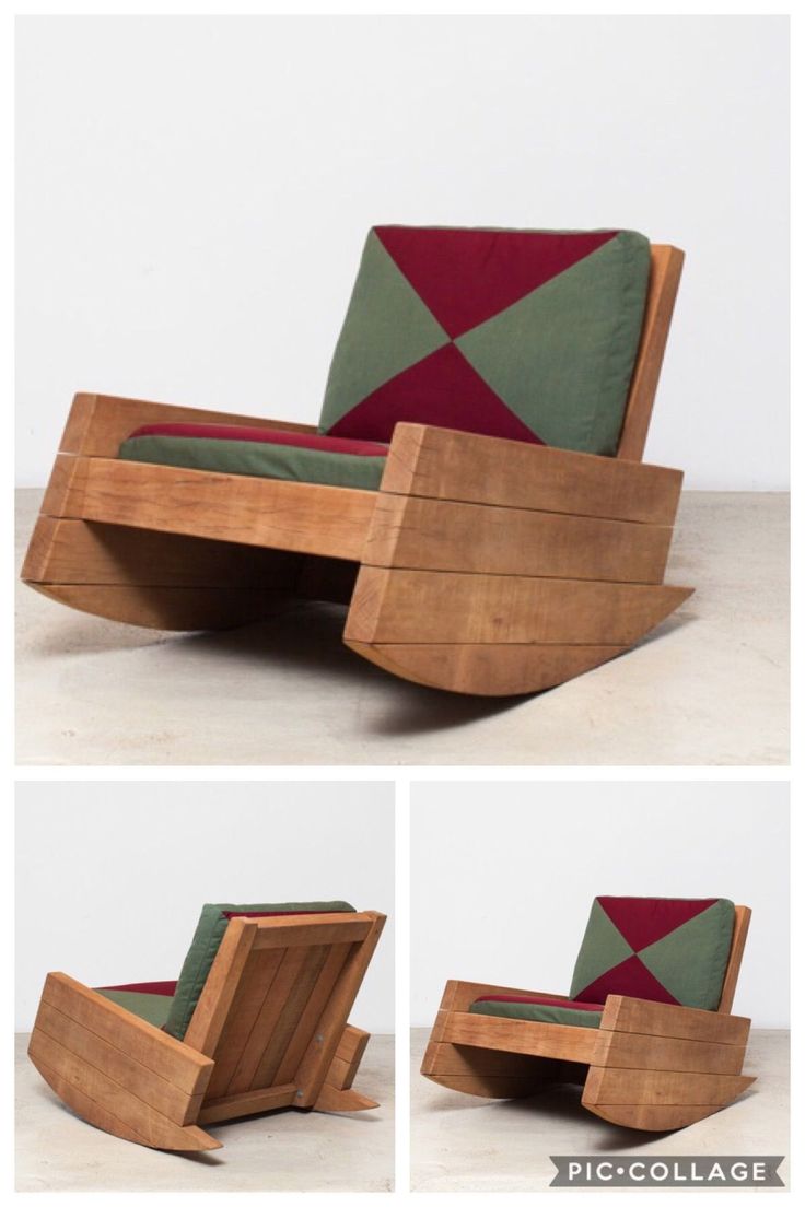 three different views of a wooden chair with green and red cushions