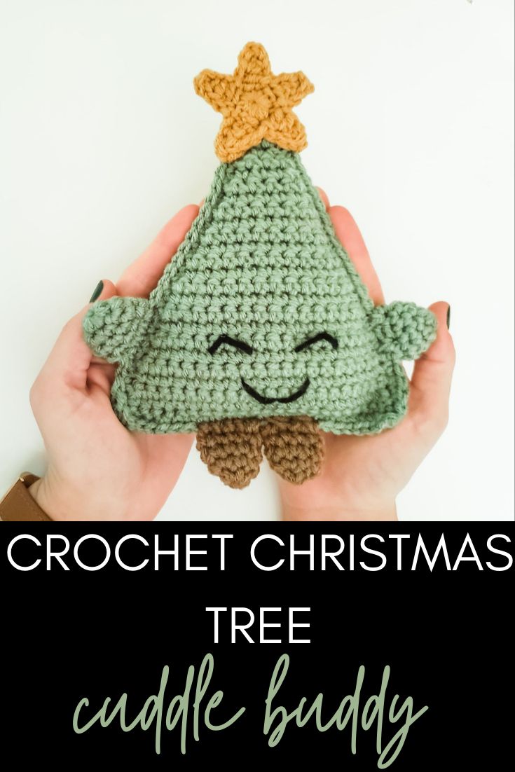 crochet christmas tree ornament with text overlay that reads, crochet christmas tree cuddle buddy