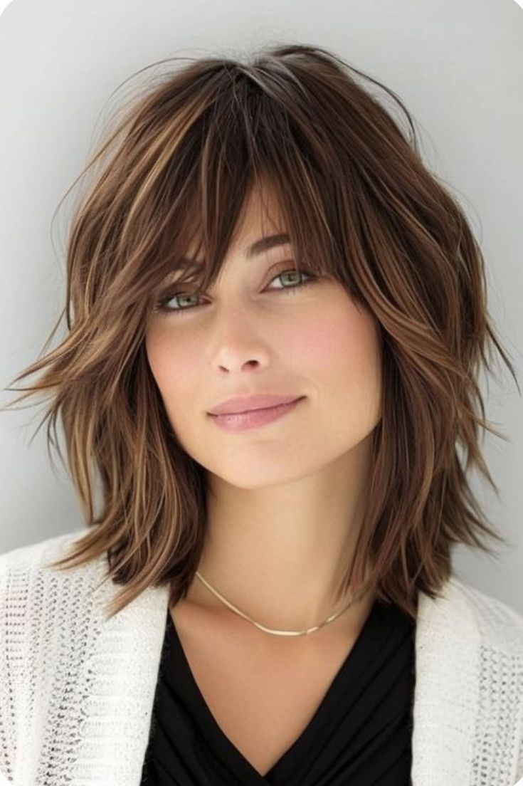 Long Bobs Haircuts With Bangs, Bangs For Oval Face Short Hair, Long Bob Haircut With Layers And Bangs, Long Length Hair With Bangs, Medium Length Bobs With Bangs, Long Bangs With Short Hair, Chin Length Haircuts With Bangs, Medium Hair Length With Bangs, Straight Thick Hair Cuts