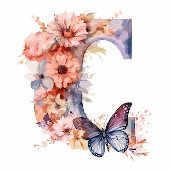 the letter c is made up of watercolor flowers, butterflies and letters that are painted with acrylic paint