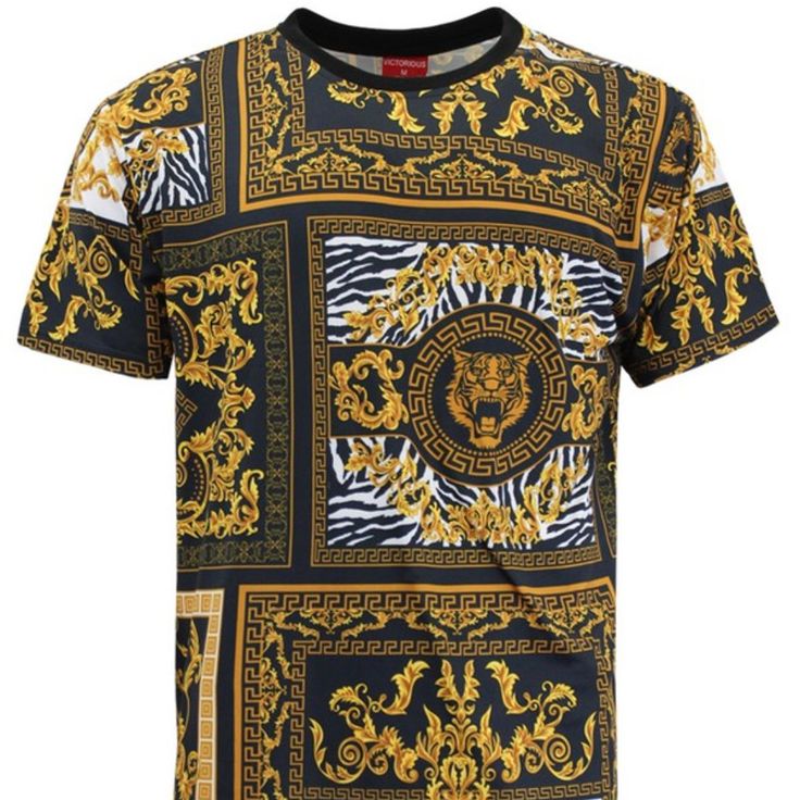 This Male Printed T-Shirt Is Perfect For Casual Wear. Material Is Composed Of A Blend Of Cotton-60% And Polyester-40%. T-Shirt Has Adequate Amount Of Stretch. T-Shirts Can Be Worn With Any Type Of Bottom For A Great Look. Casual Black T-shirt With Fashion Print, Casual T-shirt With Exclusive Summer Print, Exclusive Print Crew Neck T-shirt For Summer, Summer Exclusive Print Crew Neck T-shirt, Summer Crew Neck T-shirt With Exclusive Print, Black Graphic Tee With Fashion Print, Black T-shirt With All Over Print For Summer, Gold T-shirt With Letter Print For Summer, Fashion Print Crew Neck T-shirt For Streetwear