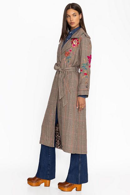 Structured and timeless, the Nylah Trench Coat offers an updated twist on a classic wardrobe staple. Featuring a double-breasted closure with a lapel, this full-length coat is embellished with a traditional houndstooth pattern enhanced with intricate floral embroidery. Layer over a silk button-down and wide-leg trousers for a polished work ensemble. Johnny Was Women's Trench Coat in Malinda Plaid Brown, Size Large, Silk, Floral Embroidered Fall Outerwear For Daywear, Embroidered Outerwear For Fall Daywear, Embroidered Outerwear For Daywear In Fall, Embroidered Lapel Collar Outerwear For Fall, Tailored Embroidered Outerwear For Spring, Spring Wool Outerwear With Embroidery, Chic Embroidered Outerwear For Work, Chic Embroidered Workwear Outerwear, Tailored Embroidered Outerwear For Fall