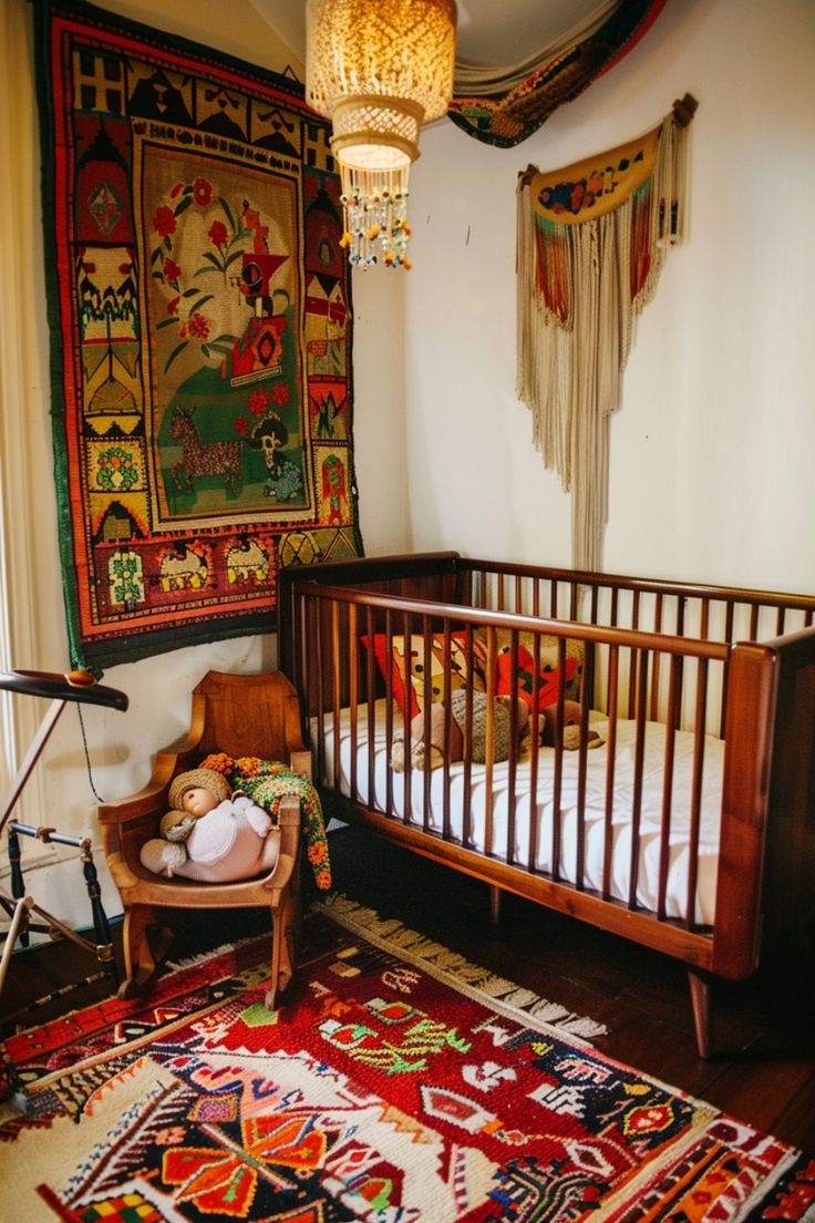 a baby's room with a crib and rugs on the floor,