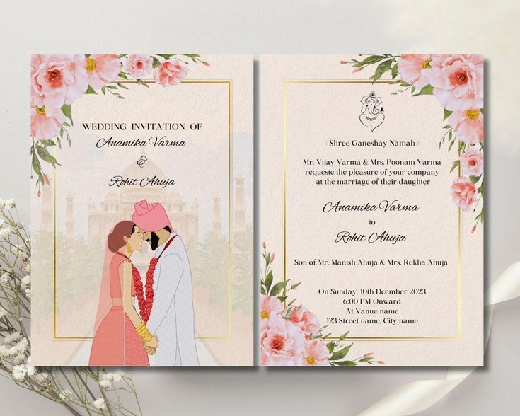 the wedding card is decorated with flowers and an image of a bride and groom kissing