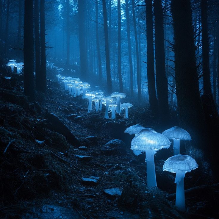 many mushrooms are growing in the dark forest