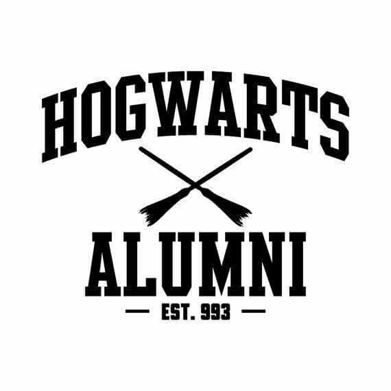 hogwart's logo with two crossed oars and the words, harrys alumii est 929