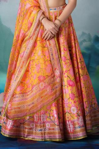 Shop for Rajdeep Ranawat Yellow Lycra Leela Printed Lehenga Set for Women Online at Aza Fashions Mustard Yellow Lehenga, Lotus Motifs, Rajdeep Ranawat, Beaded Sleeves, Printed Lehenga, Yellow Lehenga, Potli Bag, Printed Dupatta, Animal Motifs