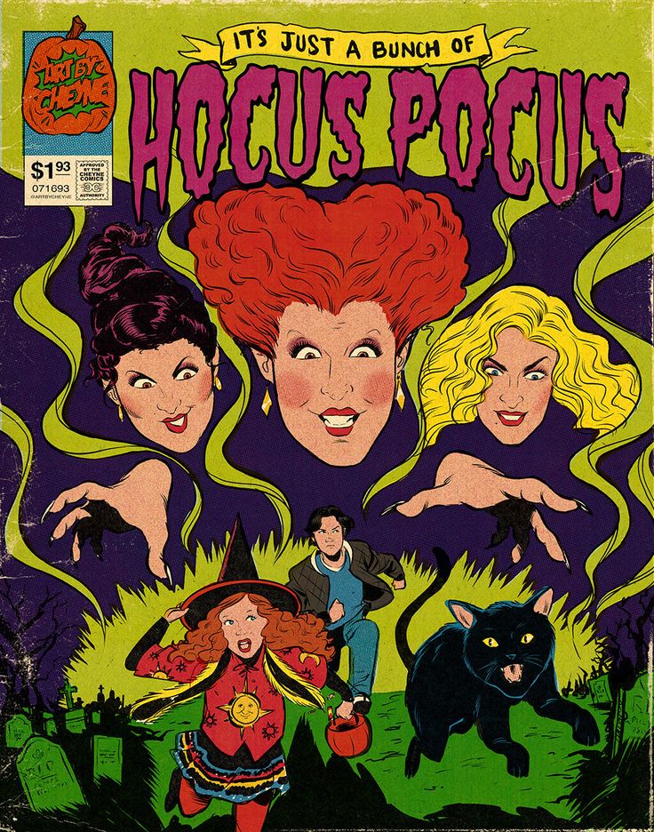 the cover to hoccus pocus comic book, with three girls and two cats