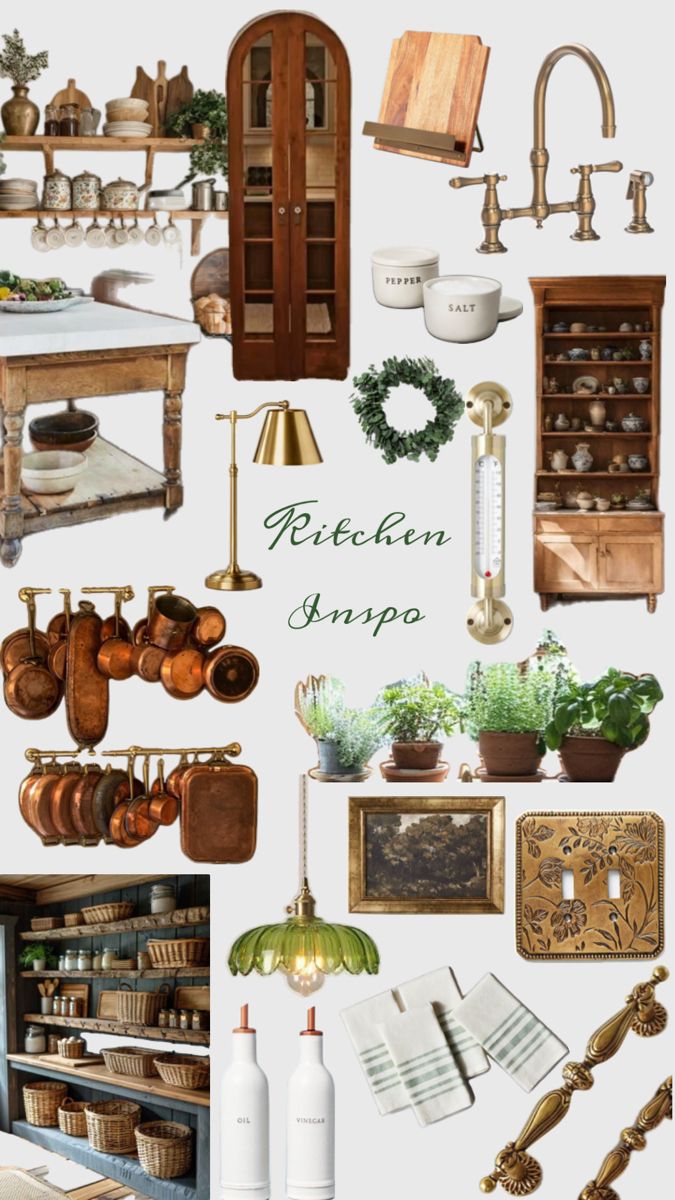 a collage of kitchen items including pots and pans