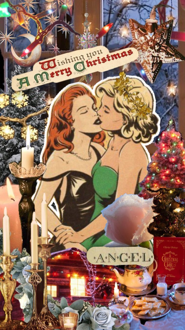 an image of a couple kissing in front of a christmas tree with candles and decorations