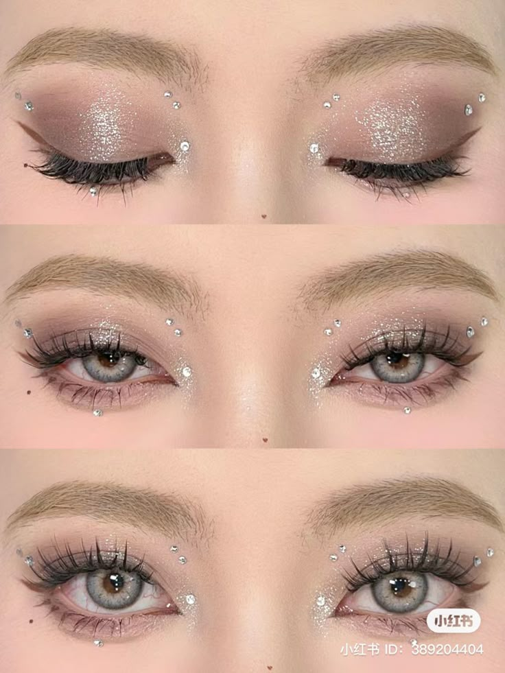 Festival Eye Gems, Makeup For Beige Outfit, Jeweled Makeup Looks, Make Up With Strass Glitter, Rhinestone Face Makeup, Makeup Strass Eye, Strass Makeup Eyes, Gem Eye Makeup, Eye Makeup With Gems