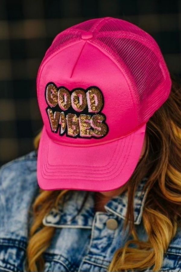 Good vibes sequin patch hot pink trucker hat with snap back Trendy Pink Party Hat, Trendy Summer Trucker Hat With Letter Print, Trendy Party Hats With Letter Print, Pink Hip Hop Snapback Hat, Summer Party Snapback Hat, Pink Snapback Hat For Summer, Spring Pink Snapback Hat With Letter Print, Trendy Snapback Party Hats, Trendy Summer Snapback Hat With Letter Print