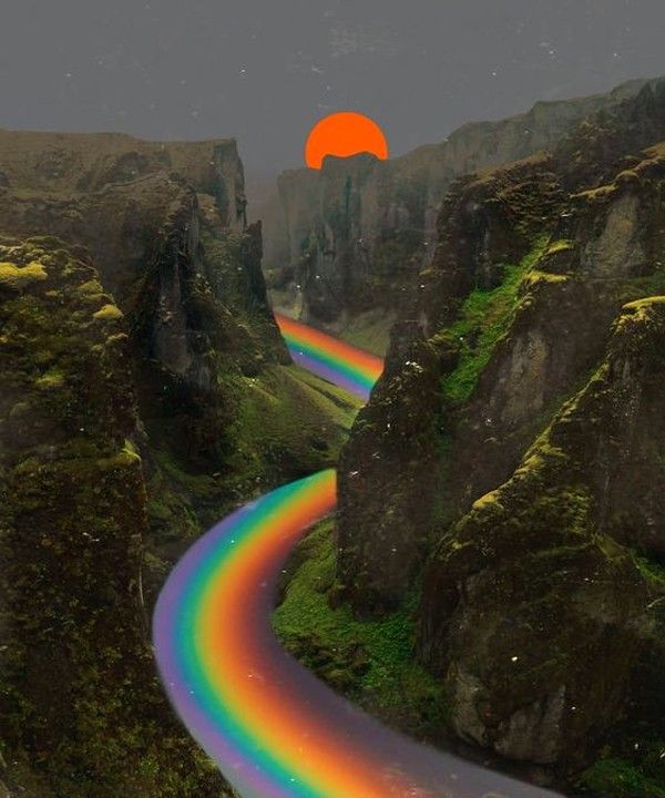 an image of a rainbow colored road going through the mountains with a full moon in the sky