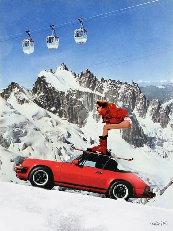 a woman standing on top of a red car in the snow with skis above her head