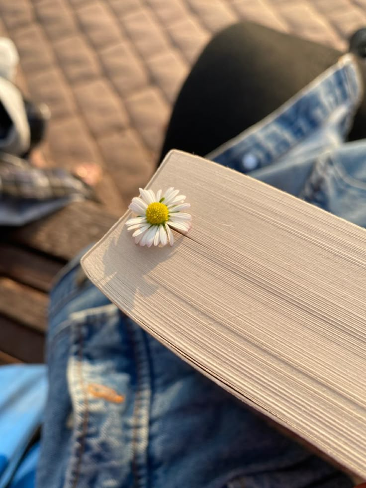 a book with a flower sitting on top of it next to someone's feet