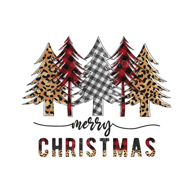 christmas trees with the words merry christmas in leopard print and red plaid ribbon on white background