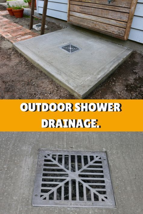 an outdoor shower drain cover is shown with the words, outside shower drainage and in front of