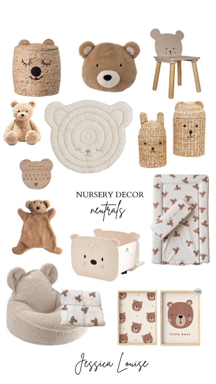 the nursery decor includes teddy bears and other items