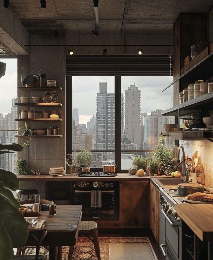 a kitchen with lots of counter space and open shelves on the wall, overlooking a cityscape