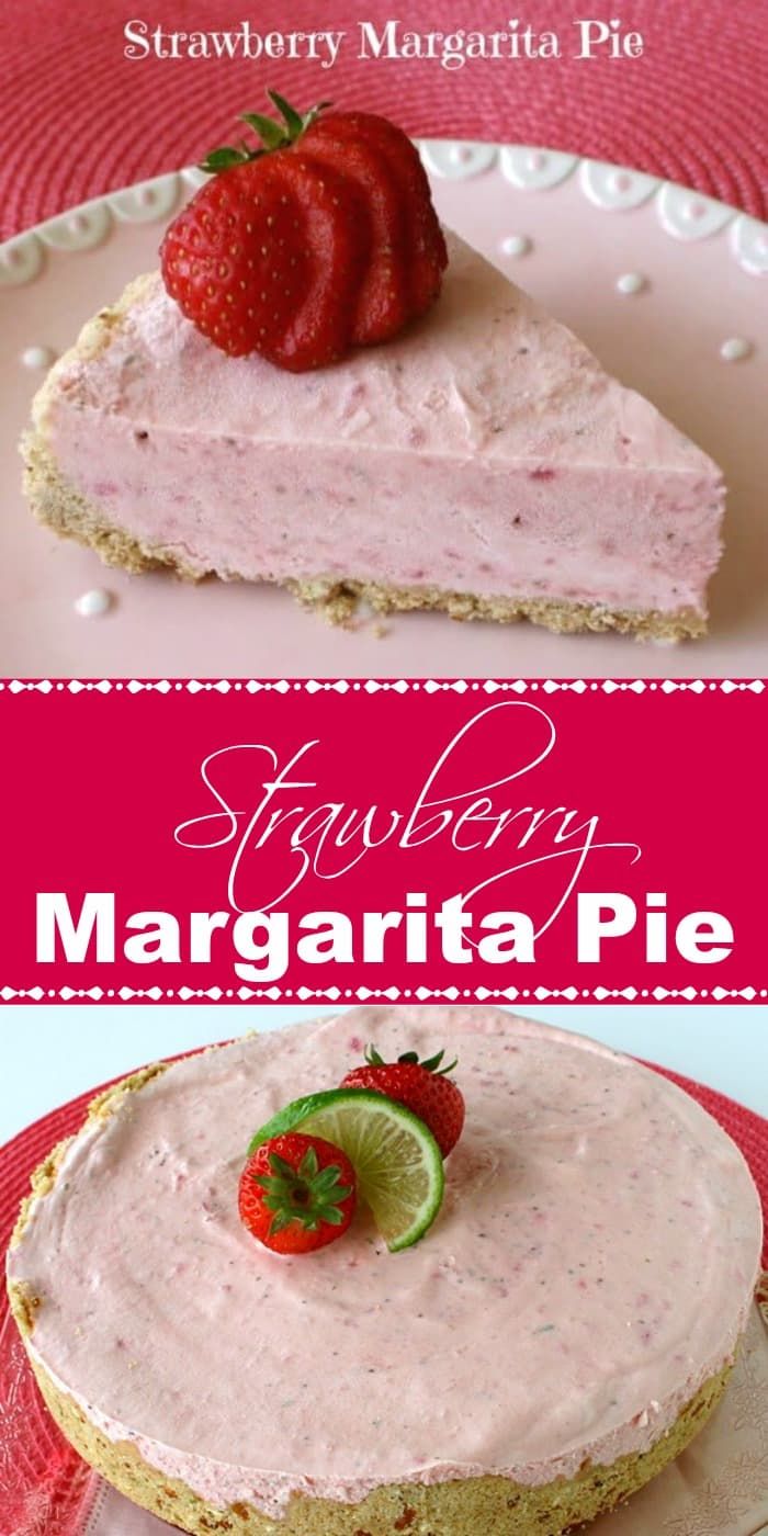 strawberry margarita pie on a plate with strawberries