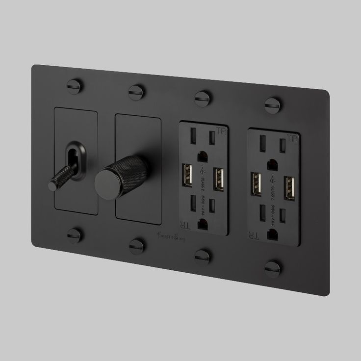 an electrical outlet with three outlets and two plugs on each side, in black