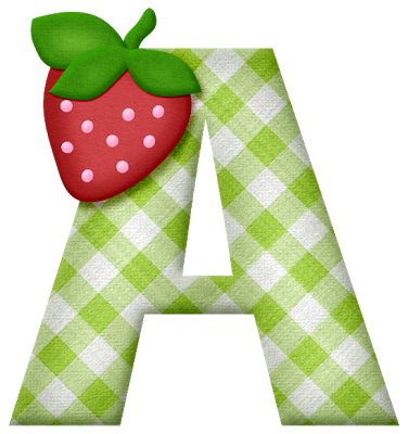 the letter a is decorated with a strawberry and green gingham checkered fabric