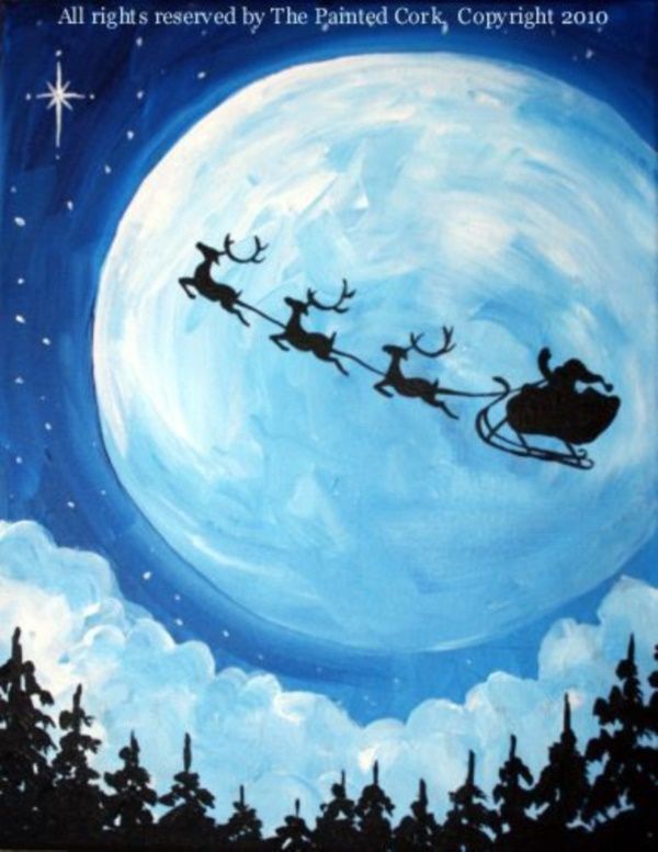 a painting of santa's sleigh flying in the night sky over trees