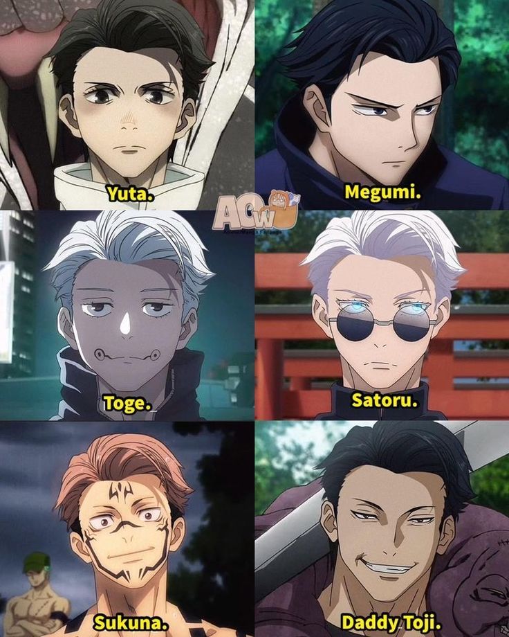 anime characters with different facial expressions and their name in the same language on each side