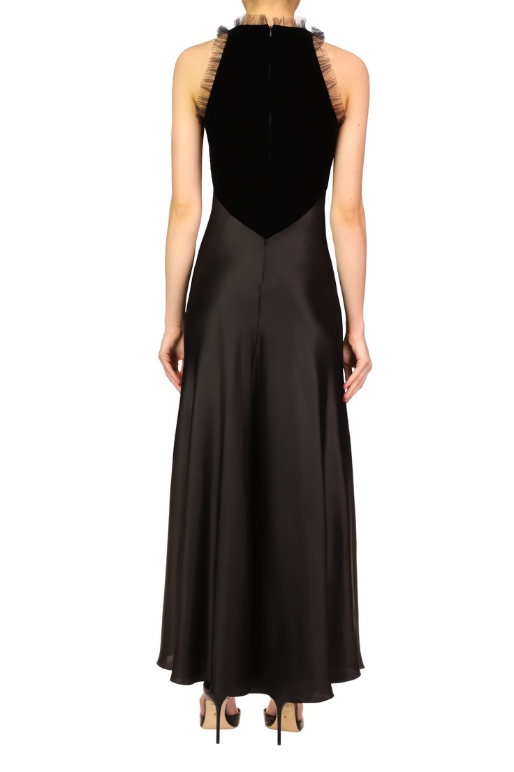 Black Silk Satin & Velvet Dress With Tulle Detail – Rodarte Formal Black A-line Maxi Dress, Formal Satin A-line Maxi Dress, Sleek Fitted Bodice Maxi Dress With Bias Cut, Sleek Maxi Dress With Fitted Bodice And Bias Cut, Sleek Maxi Dress With Bias Cut And Fitted Bodice, Sleek A-line Maxi Dress For Formal Events, Satin Sleeveless Evening Dress For Black-tie Events, Black Silk A-line Maxi Dress, Elegant Black A-line Velvet Dress