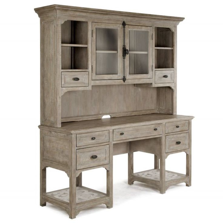 an old style desk and hutch with glass doors on the top, in grey wood