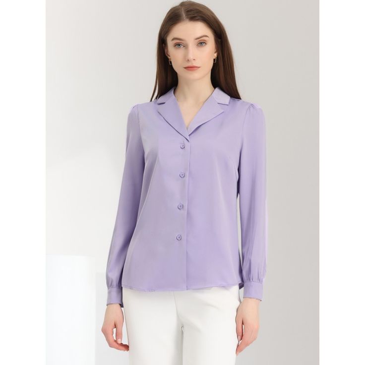 Complete your chic style with this satin button-up shirt. This satin button-up shirt features button cuffs and a notch collar perfectly. Pair it with jeans and work pants for your casual chic look. To create an elegant image with a classic design. Look smart and classic in this shirt finished with solid color fabric. With shiny and smooth fabric, this satin shirt makes you look elegant and romantic. Elegant Single Breasted Tops, Classic Single Breasted Collared Blouse, Semi-formal Spring Blouse With Lapel Collar, Solid Blouse With Lapel Collar And Placket, Solid Color Blouse With Lapel Collar And Placket, Semi-formal Blouse With Spread Collar, Classic Blouse With Lapel Collar And Buttons, Single Breasted Button-up Blouse For Work, Office Wear Shirt With Lapel Collar And Buttons