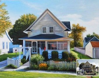 a painting of a house in the suburbs