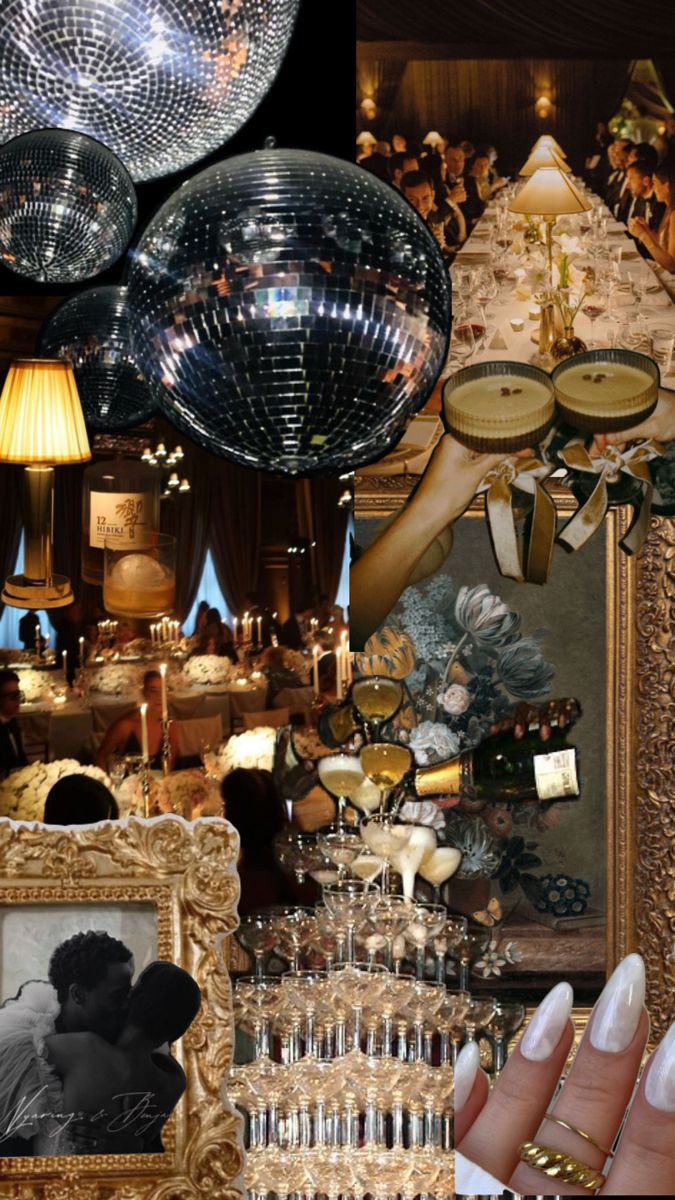 a collage of photos with disco balls, champagne glasses and people in the background