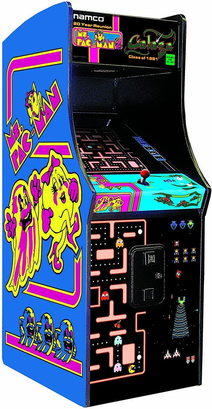 an arcade machine that is blue and has neon colored graphics on the front, and back