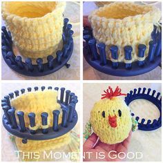 four pictures show how to make a crochet chicken pot holder for a cake