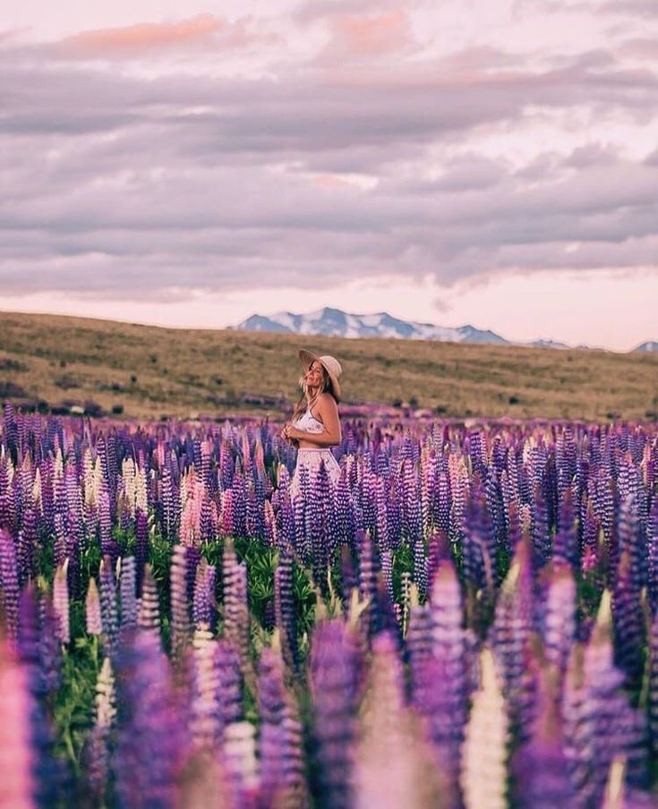 a woman standing in a field of purple flowers