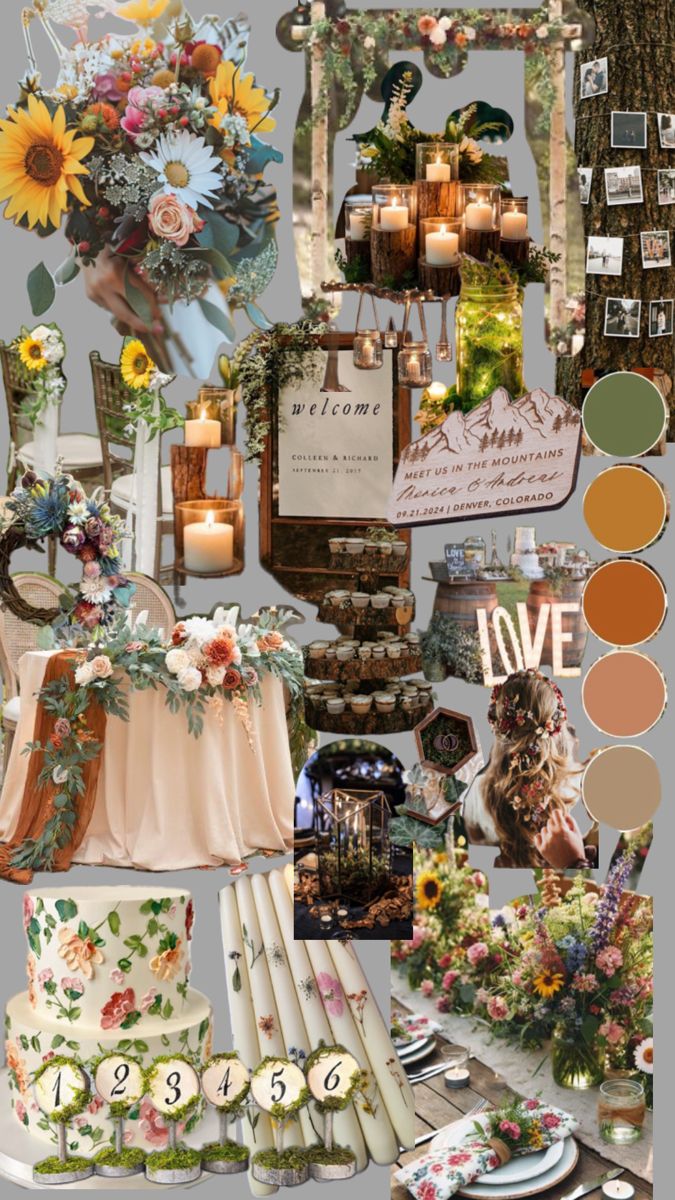 a collage of wedding and party items including cake, flowers, candles, napkins