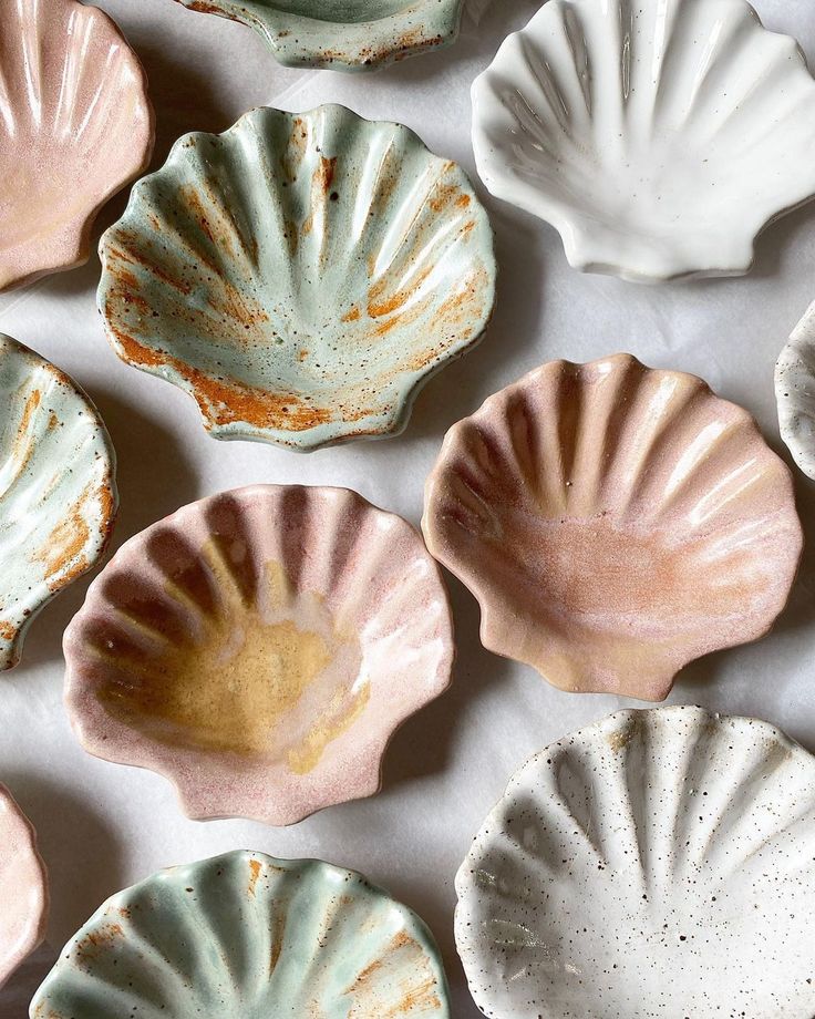 several different types of seashells sitting on a white tablecloth with brown speckles