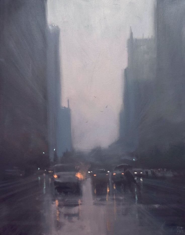 an oil painting of cars on a city street in the rain with buildings and skyscrapers