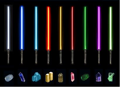 several different lightsabes are shown in various colors and sizes, including blue, red, green, yellow, purple, orange