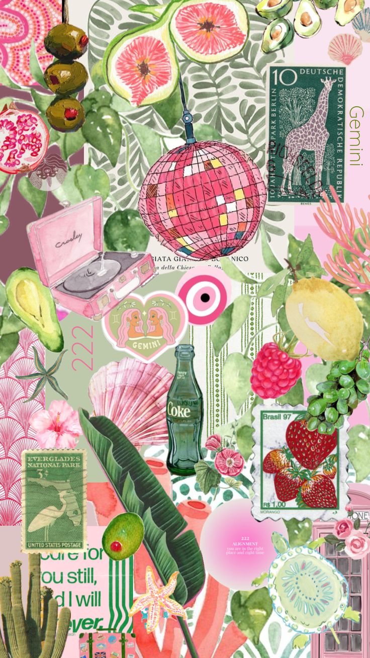 a collage of various items including fruit, plants and flowers on a pink background