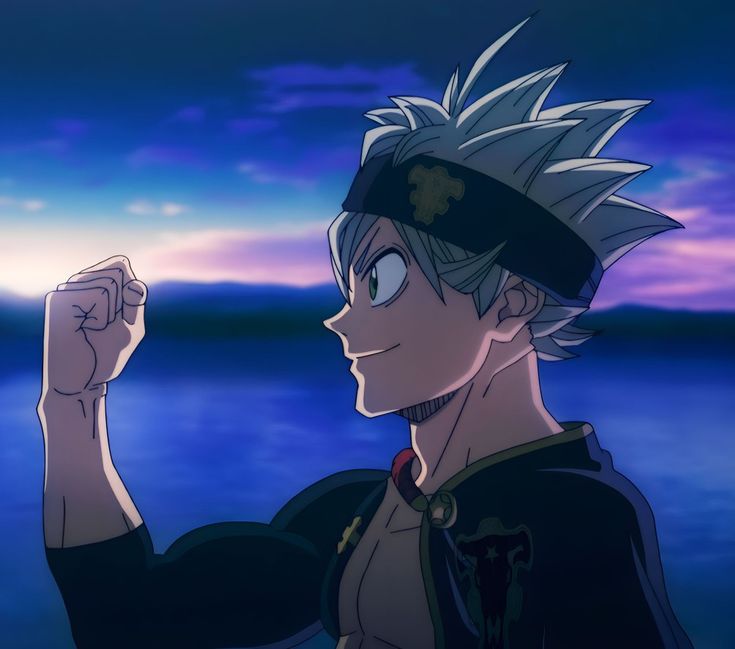 an anime character holding his fist up in front of the ocean at sunset or dawn