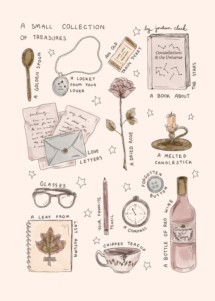 a drawing of various items that include glasses, a bottle and a rose with writing on it