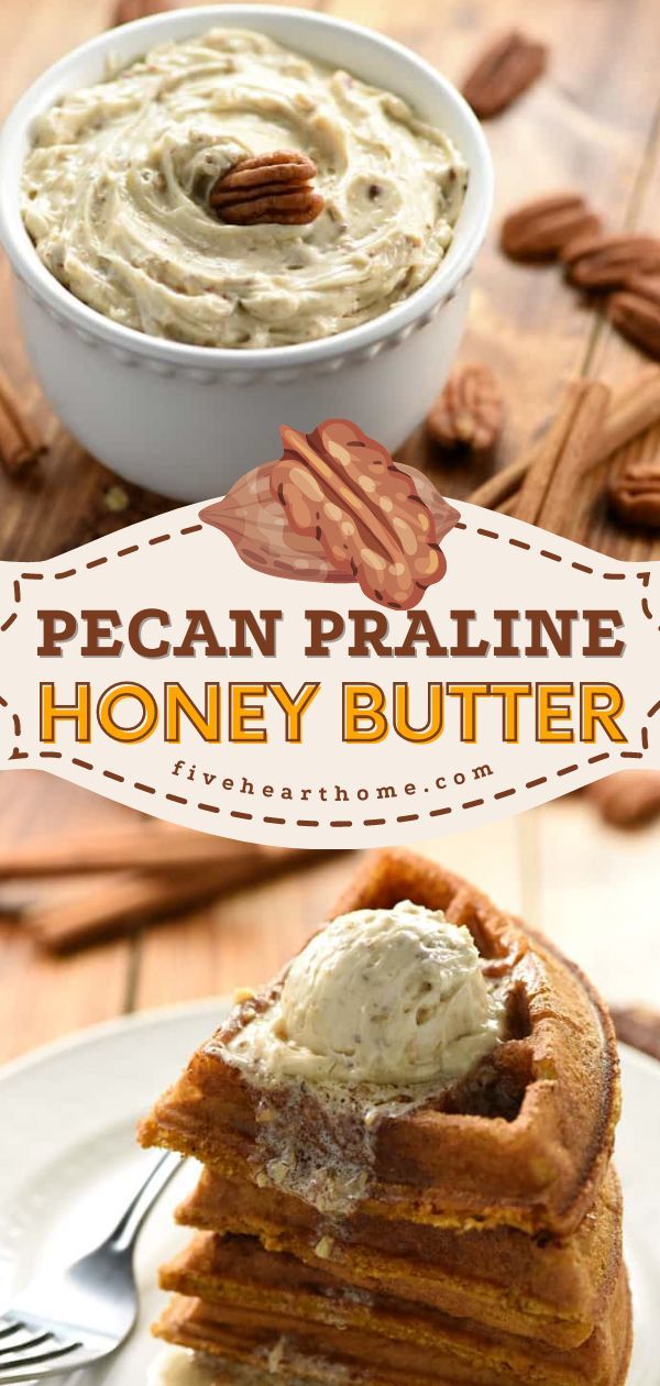 Pecan Praline Honey Butter, thanksgiving sides, sweet breakfast ideas Flavored Butter Recipes, Butter Recipes Homemade, Compound Butter Recipe, Honey Butter Recipe, Pecan Praline, Flavored Butter, Pecan Pralines, Homemade Butter, Honey Recipes