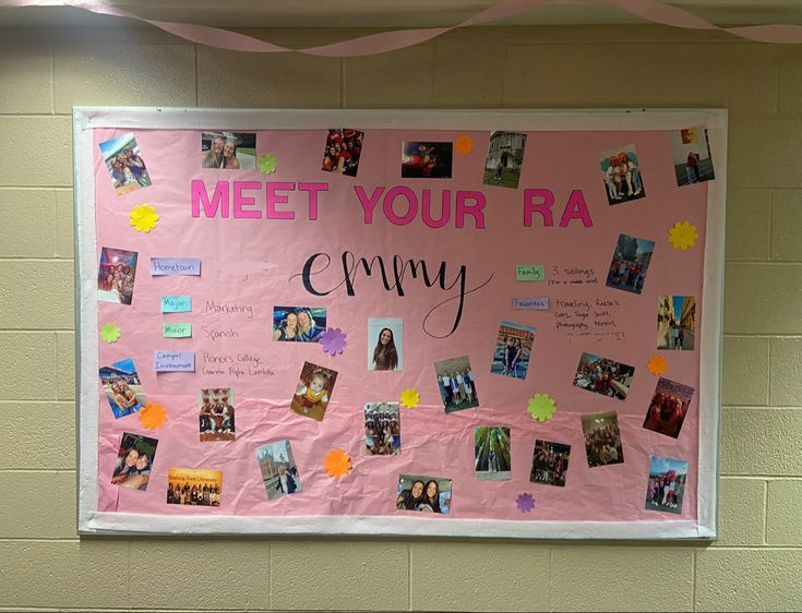 a bulletin board with pictures and words on it that says meet your ra crimy