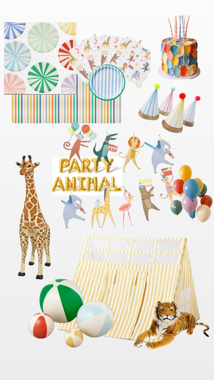 an animal themed birthday party with balloons, cake and other things to decorate it's walls