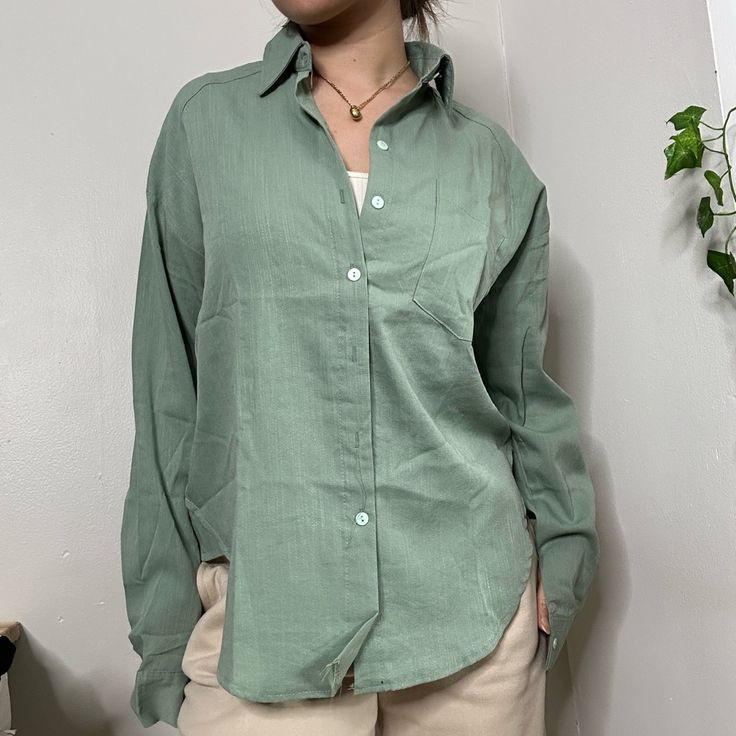 Green Button Down Shirt Light Weight Size S/M New Never Worn Green Linen Button Up Shirt Outfit, Cheap Button-up Shirt With Pockets, Green Solid Color Button-up Top, Green Button-up Solid Color Top, Trendy Solid Button-up Tops, Cotton Button-up Blouse, Green Shirt For Spring, Trendy Collared Shirt For Everyday, Everyday Solid Color Button-up Top