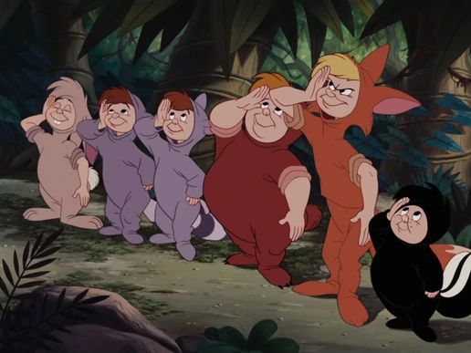 several cartoon characters are standing in the jungle